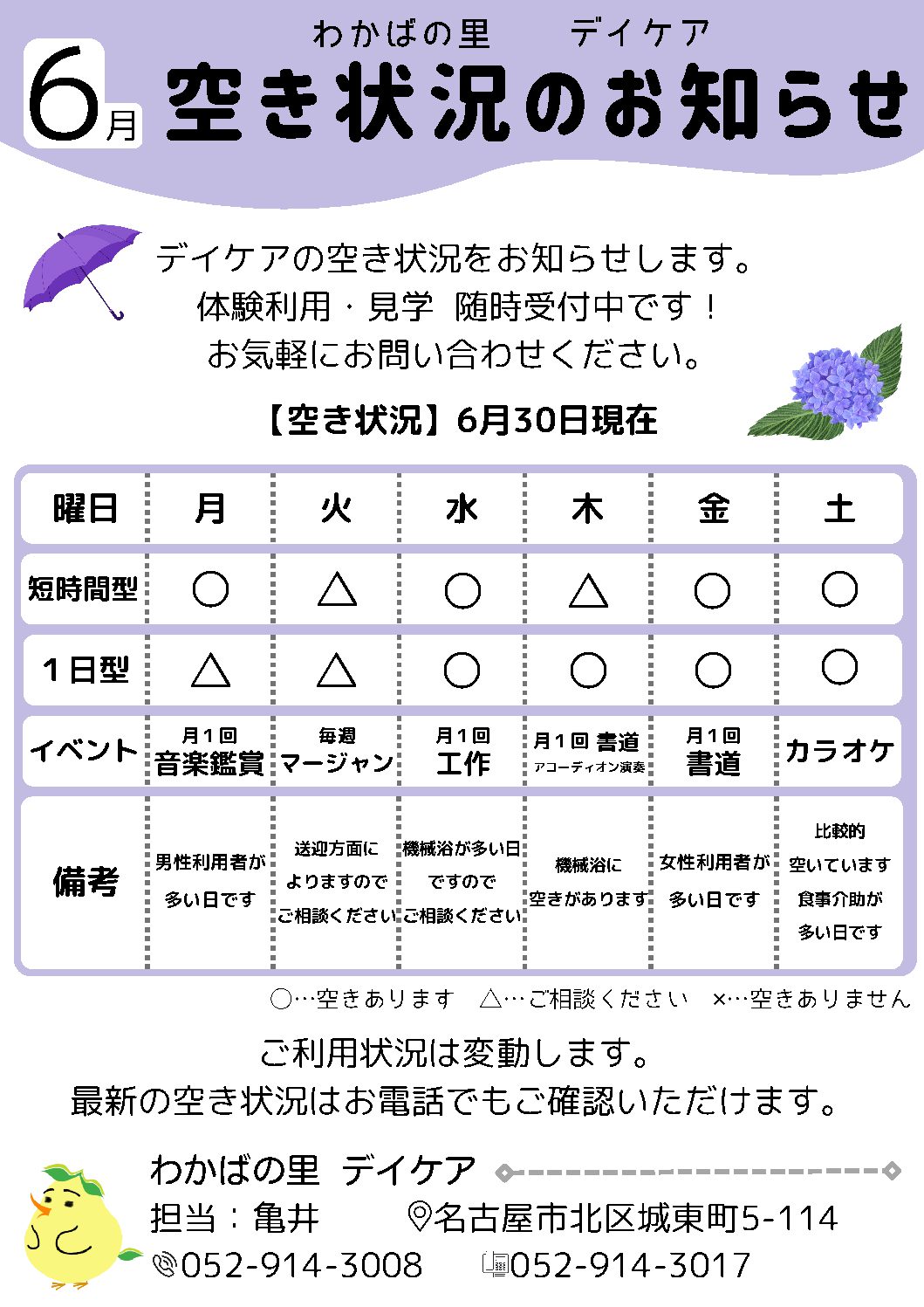 わかばの里デイケア　6月の空き状況